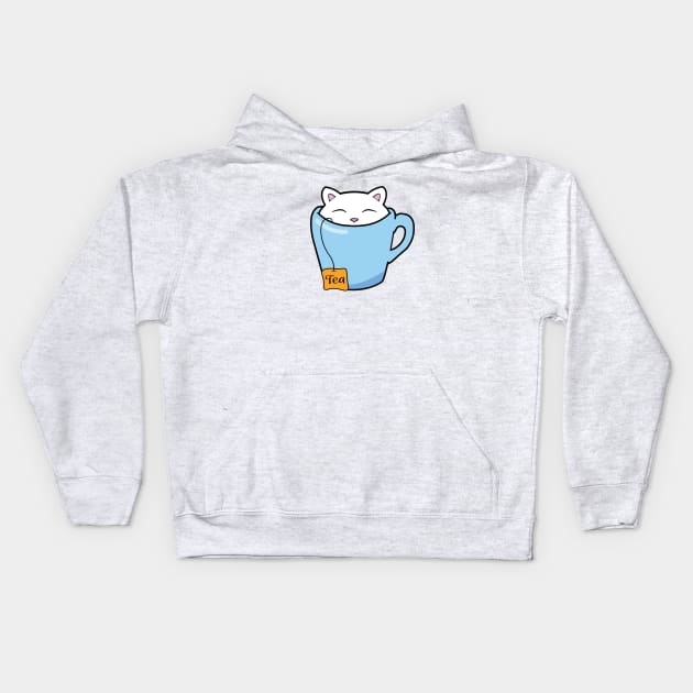 Cat in a blue cup of tea Kids Hoodie by Purrfect